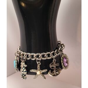 Vintage BG Charm Bracelet Silver Tone Ocean Beach Hearts Theme